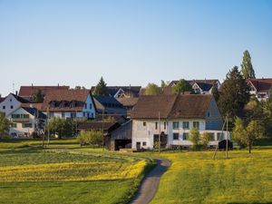 Picturesque rural village with traditional houses and green fields under clear blue sky.